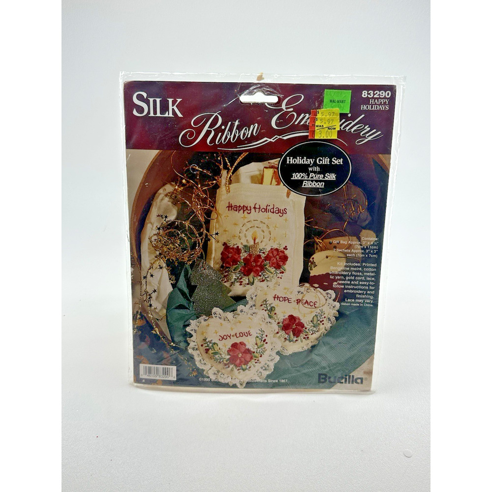 1995 NOS Bucilla Silk Ribbon Embroidery #83290‎ Happy Holidays Gift Set Vintage